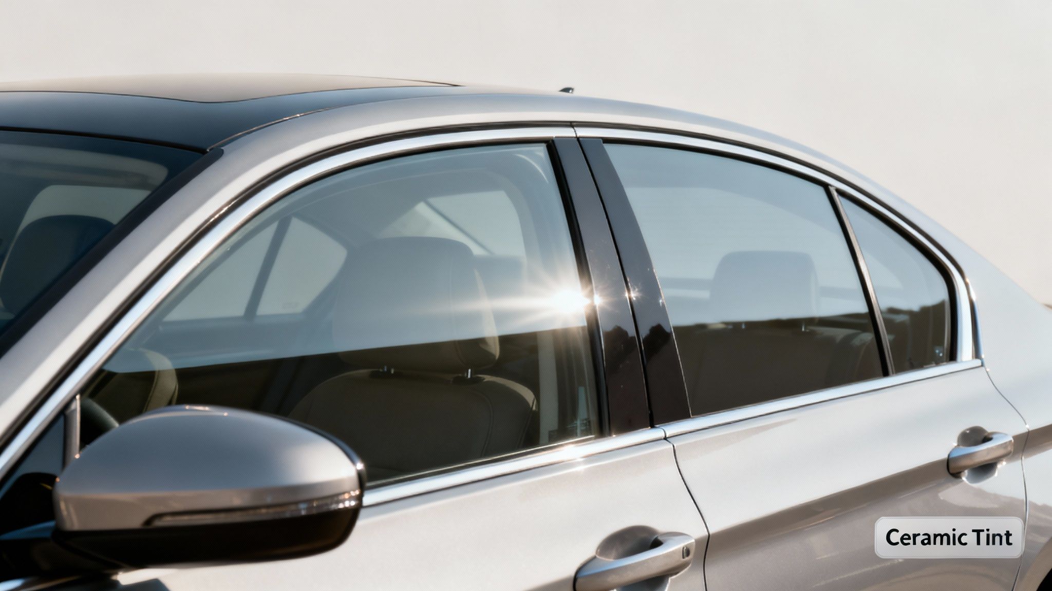 Side view of a silver sedan with ceramic tinted windows, reflecting sunlight and showing interior.