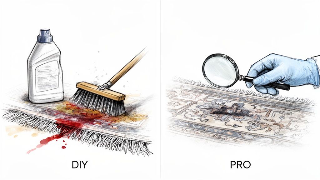 Illustrating DIY rug cleaning attempts with a brush versus professional stain inspection using a magnifying glass.