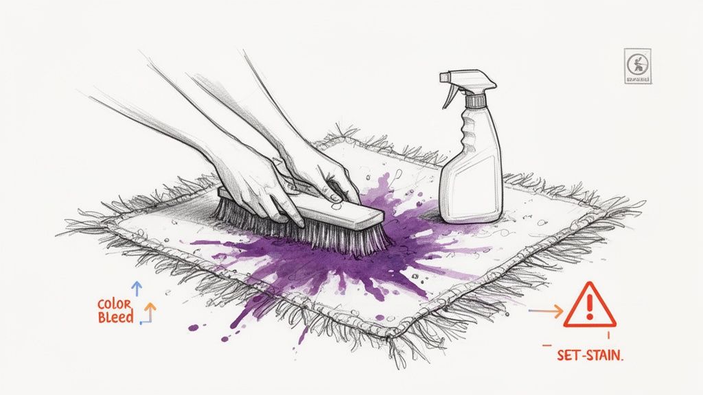 Hands scrubbing a purple stain on a rug with a brush, warning against color bleed and set stains.