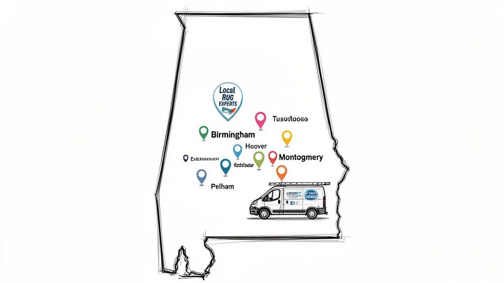 Map of Alabama highlighting Local Rug Experts service areas in cities like Birmingham, Hoover, and Montgomery, with a service van.