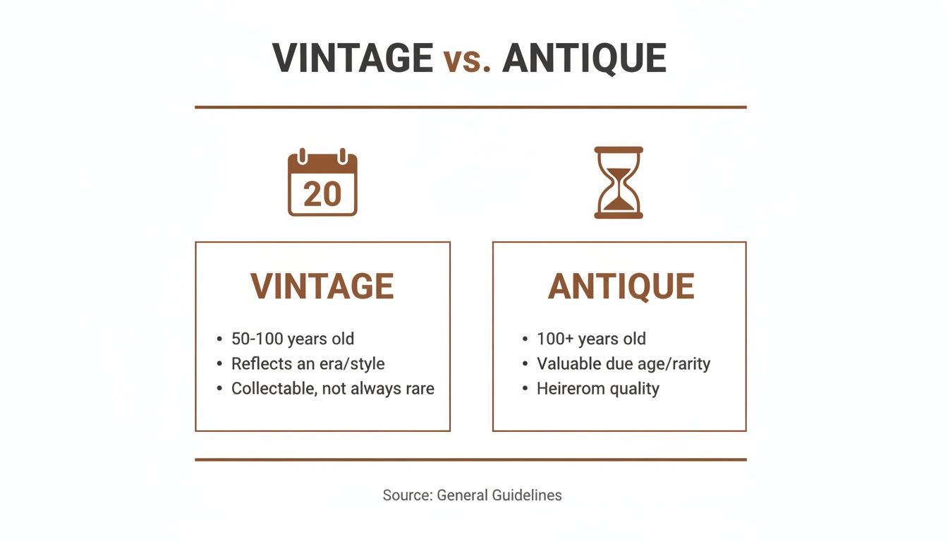 A comparison chart highlighting the differences between vintage (50-100 years old) and antique (100+ years old) items.