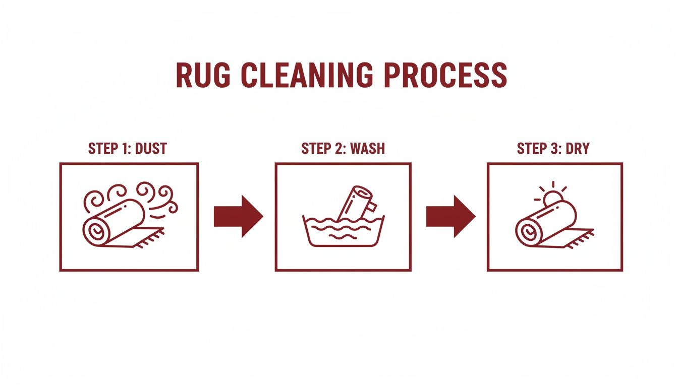 A visual guide illustrating a three-step rug cleaning process: dusting, washing, and drying the rug.