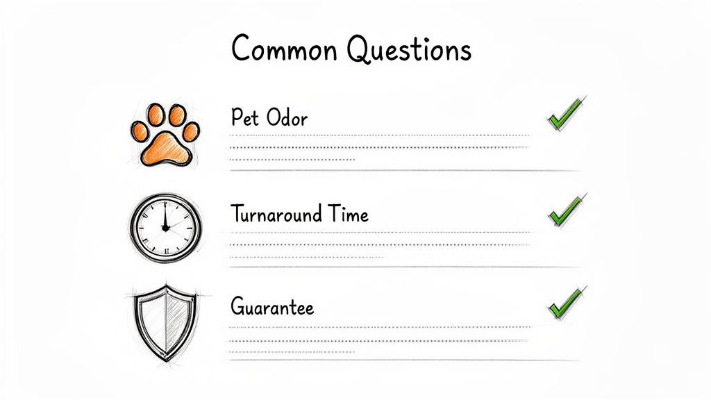 A hand-drawn illustration featuring common questions about pet odor, turnaround time, and guarantees, with green checkmarks.