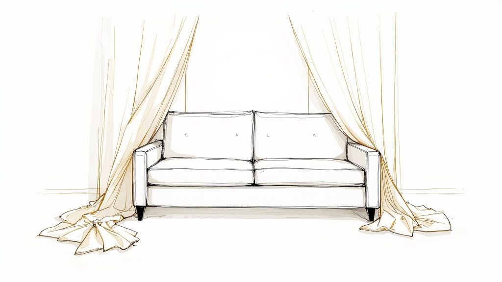 White upholstered sofa with elegant draped curtains in minimalist interior design sketch