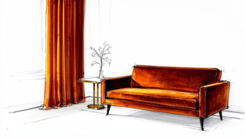 A hand-drawn sketch of a contemporary living room featuring a burnt orange velvet sofa and matching curtains.