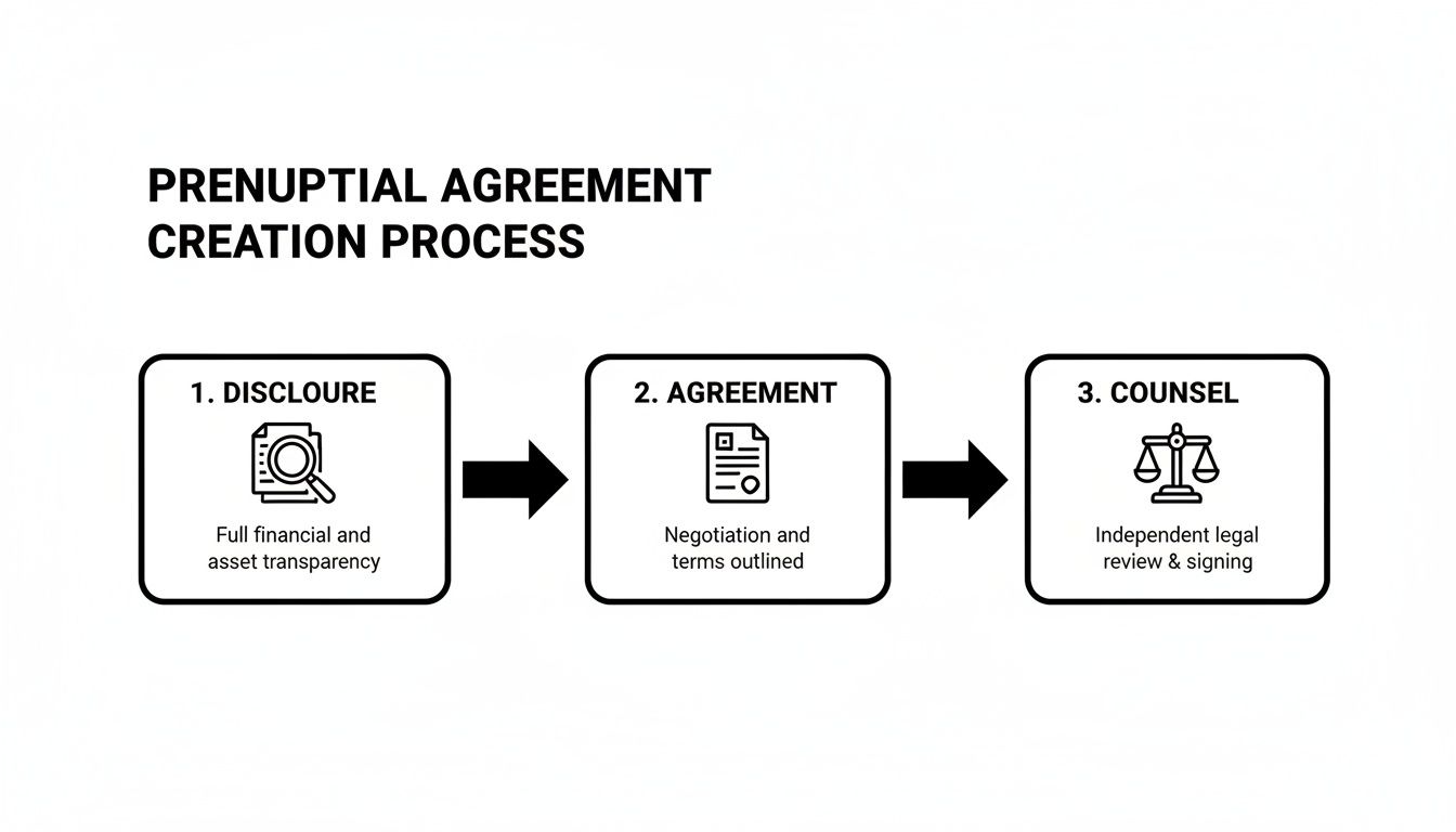 Flowchart illustrating the three-step prenuptial agreement creation process, from disclosure to signing.