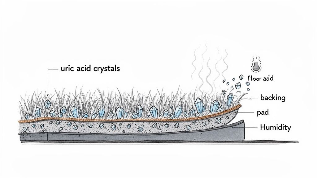 A cross-section diagram illustrating uric acid crystals within a rug, showing layers for backing, pad, and humidity.
