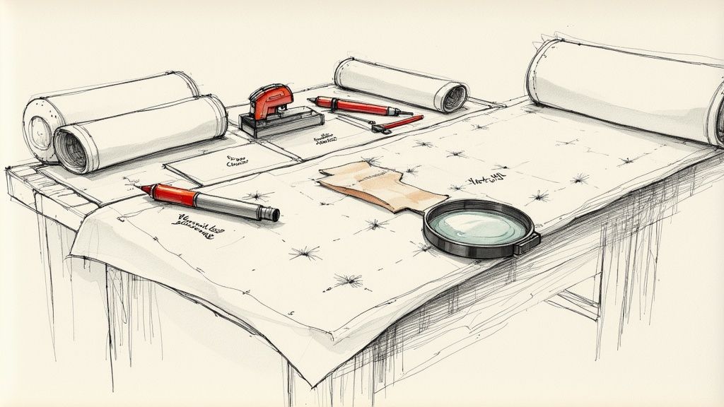 A detailed sketch illustrating a drafting table with rolled blueprints, a magnifying glass, and red marker.