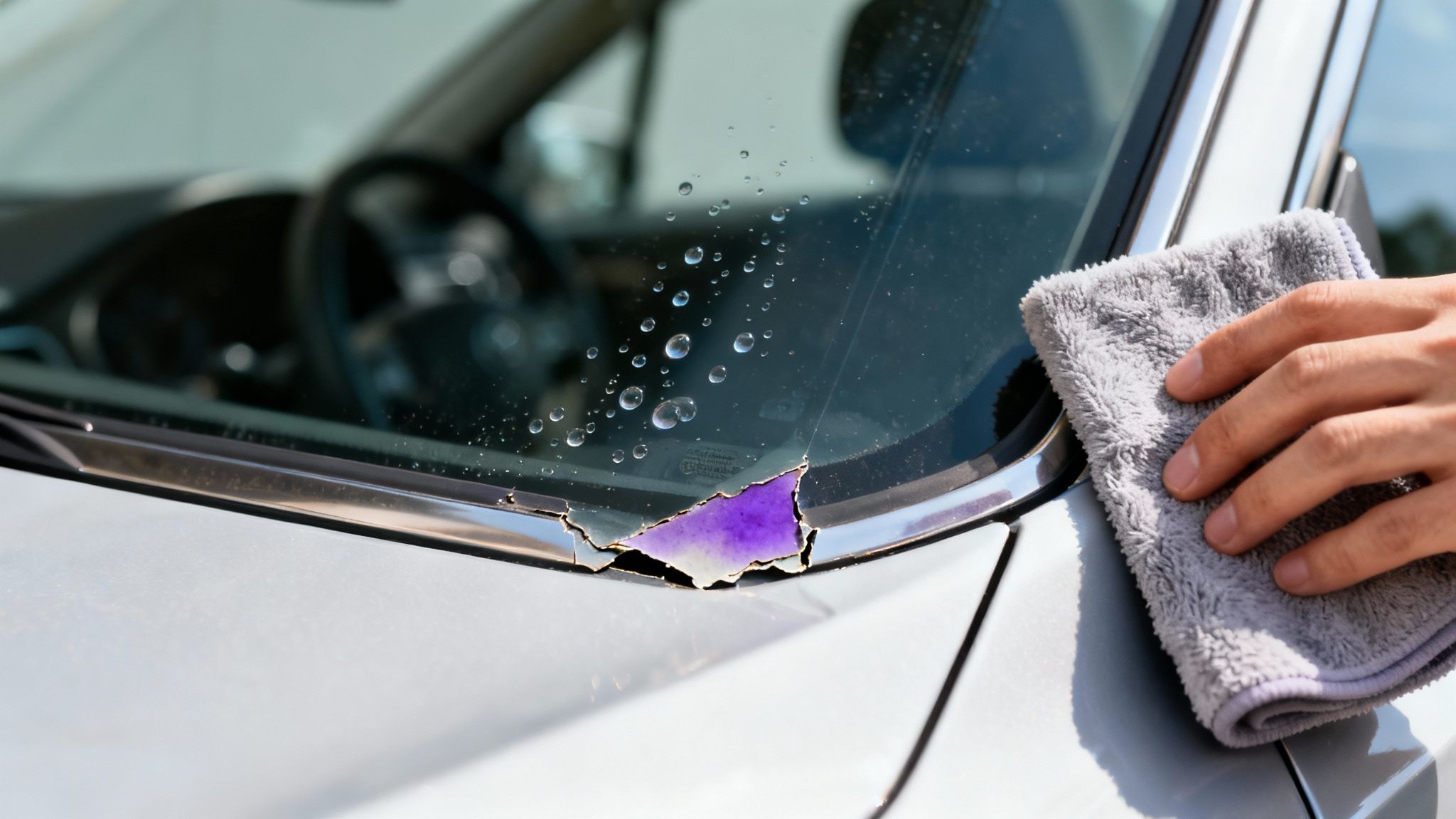 A hand with a grey microfiber cloth cleans a car windshield with peeling paint.