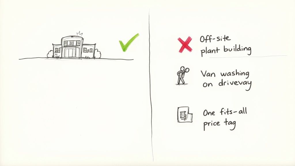 Illustration contrasting an approved house with disapproved off-site building, driveway washing, and generic pricing.