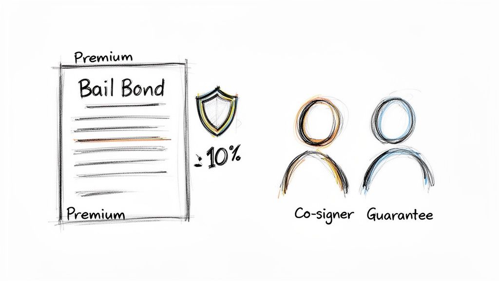 Illustration showing a bail bond document, a 10% premium, and co-signer/guarantor roles.