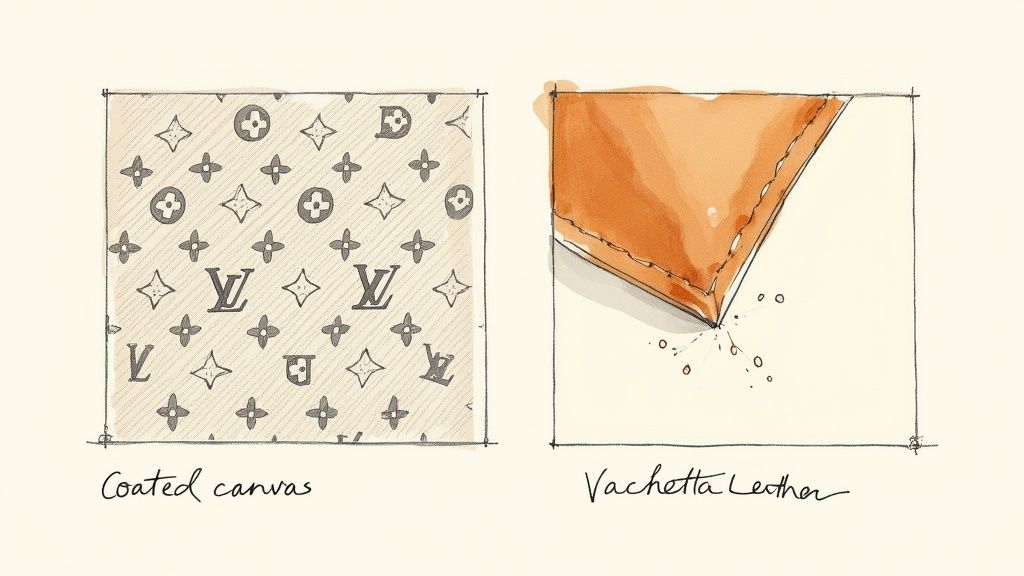 Sketch comparing Louis Vuitton coated canvas with monogram pattern and tan vachetta leather.