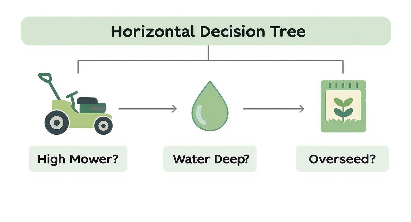An infographic showing a decision tree for lawn care with icons for mowing high, watering deep, and overseeding.