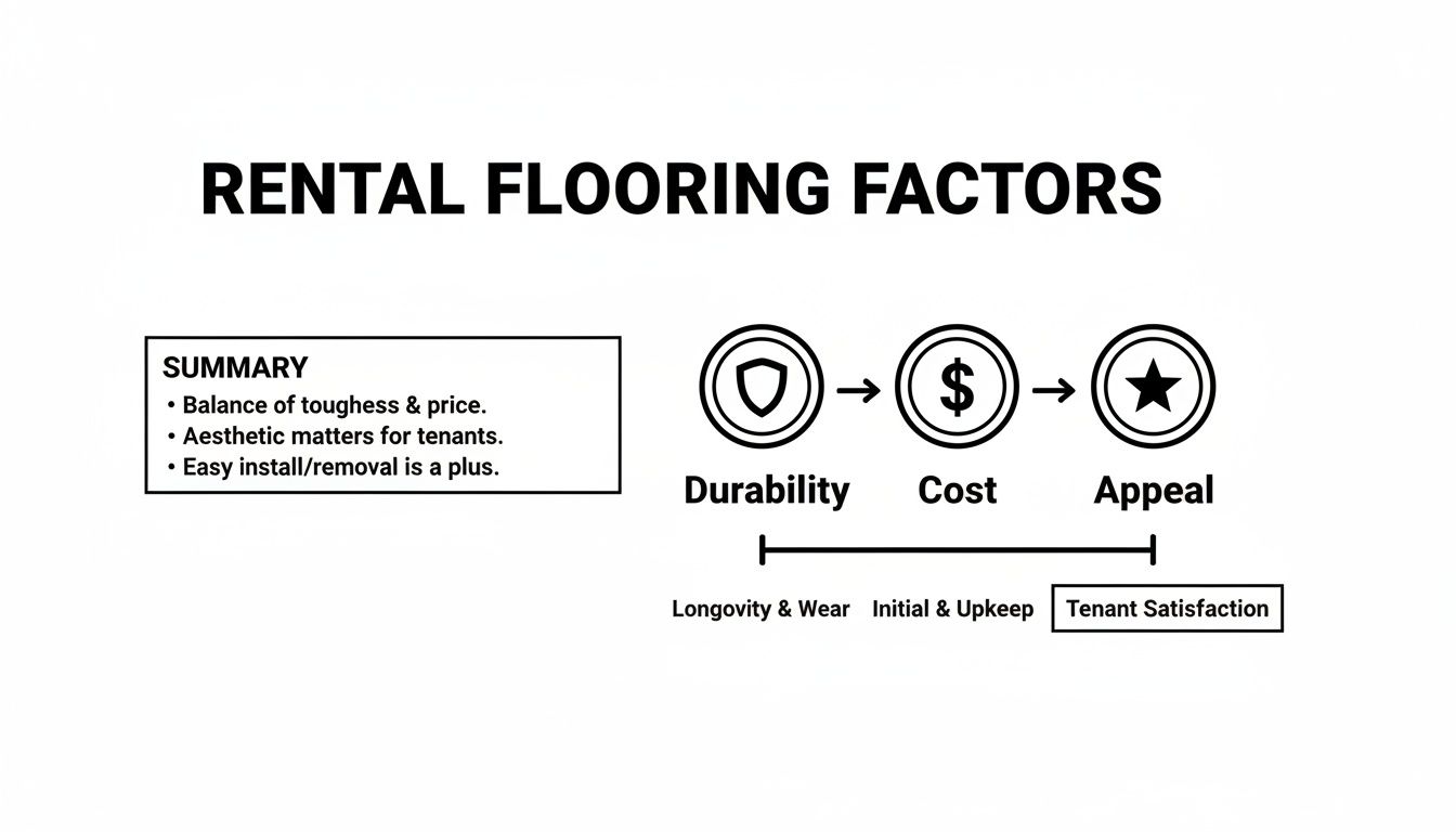 Infographic outlining key rental flooring factors: durability, cost, and appeal, with a summary of considerations.