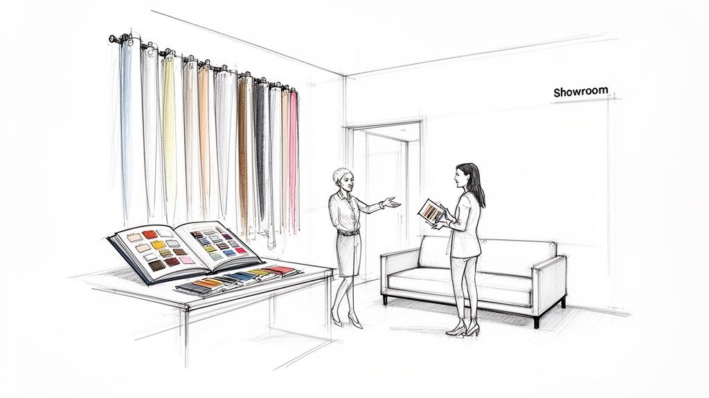 Two women discuss fabric samples and swatches in a bright furniture showroom.