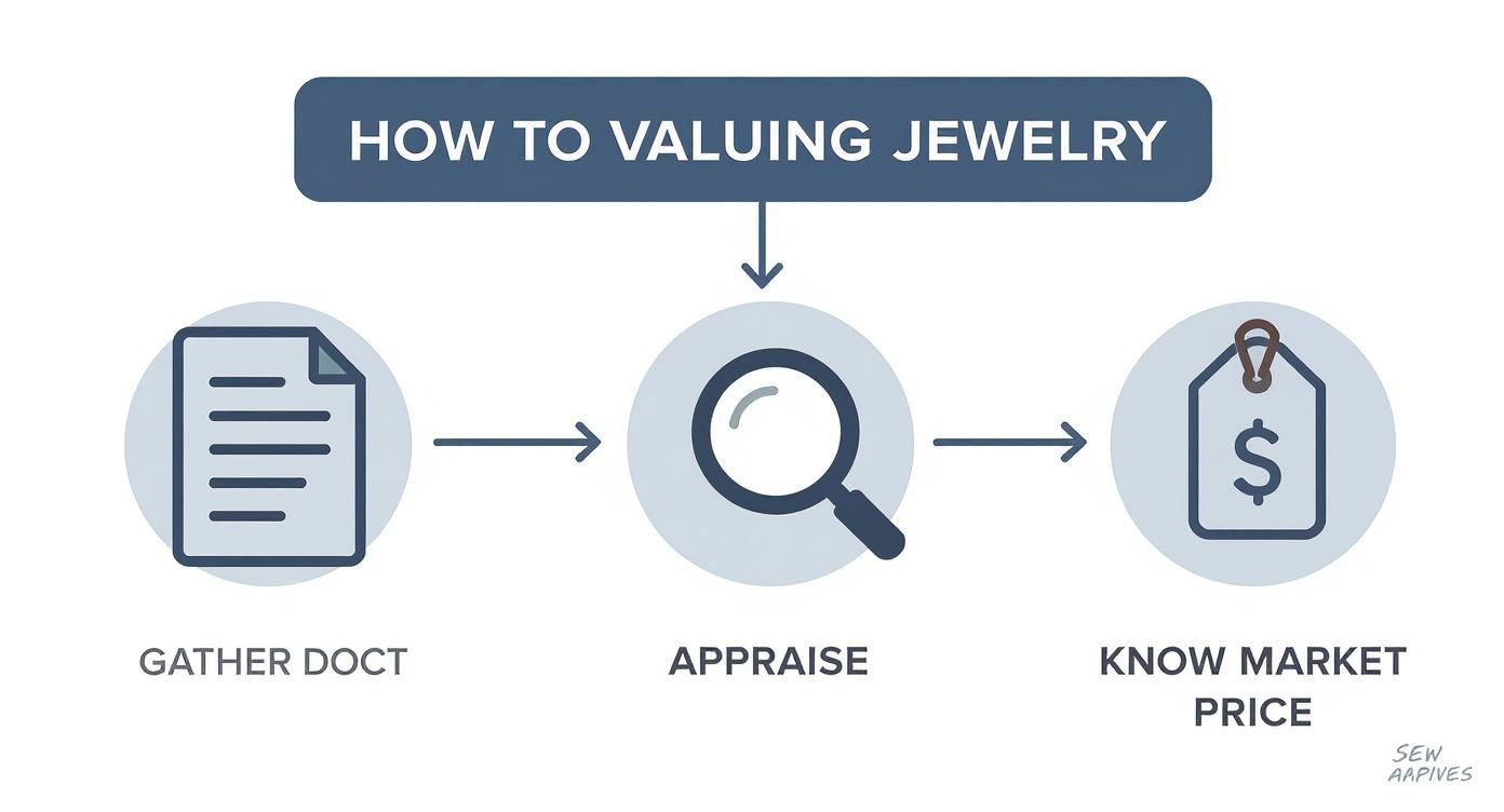 Infographic decision tree for valuing jewelry showing steps to gather documents, get an appraisal, and know the market price.