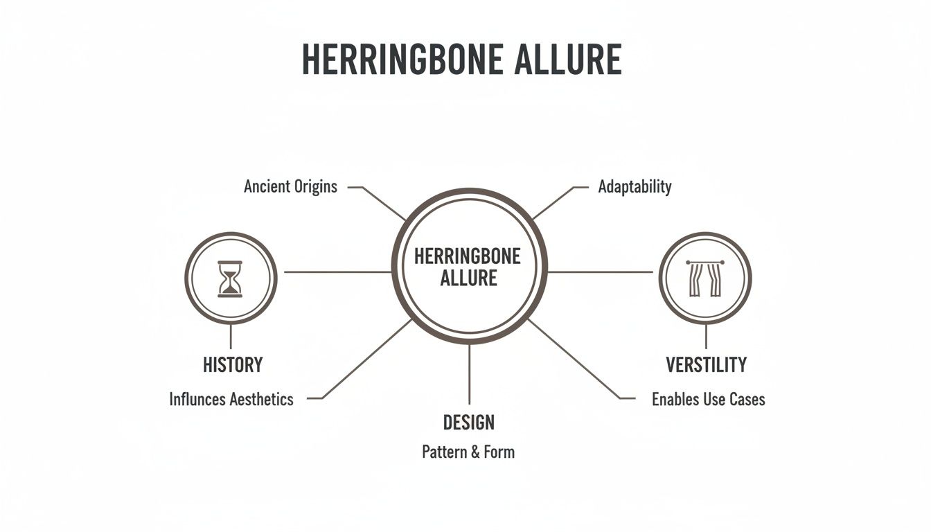 A concept map illustrates 'Herringbone Allure' with branches for History, Design, and Versatility, detailing its origins and uses.