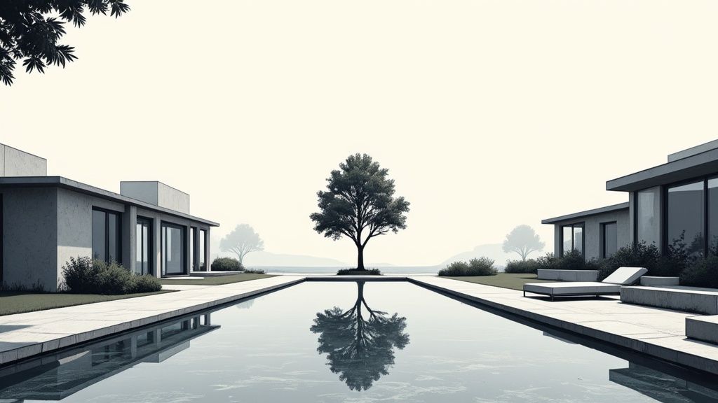 A minimalist outdoor scene featuring a long reflecting pool, modern houses, and a single tree.