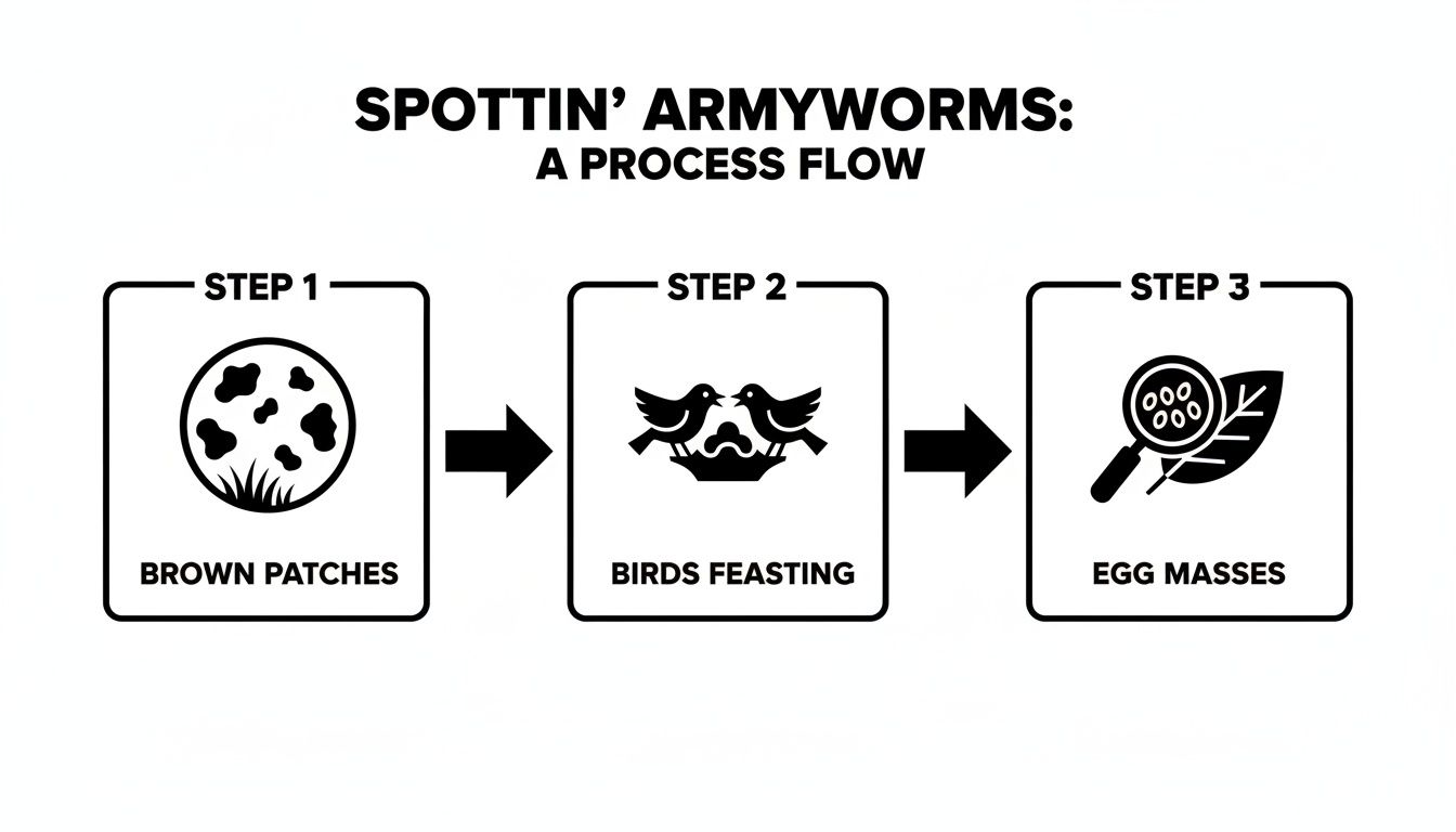A process flow diagram shows three steps to spot armyworms: brown patches, birds feasting, and egg masses.