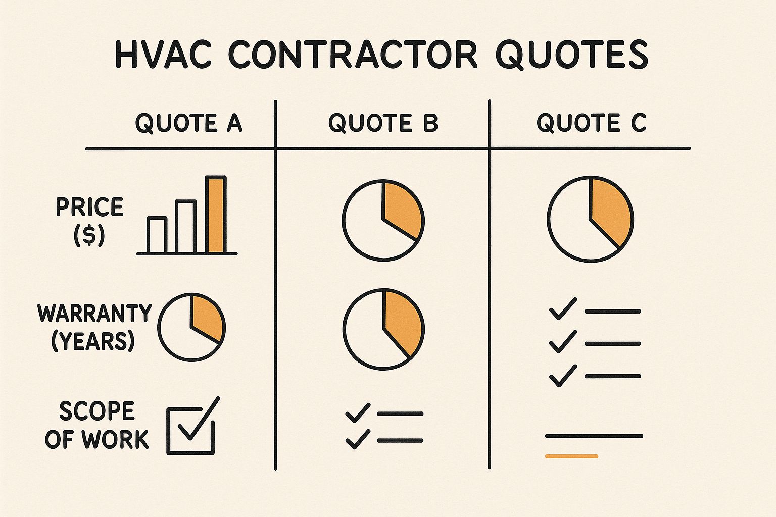 Infographic comparing three HVAC contractor quotes based on price, warranty, and scope of work.