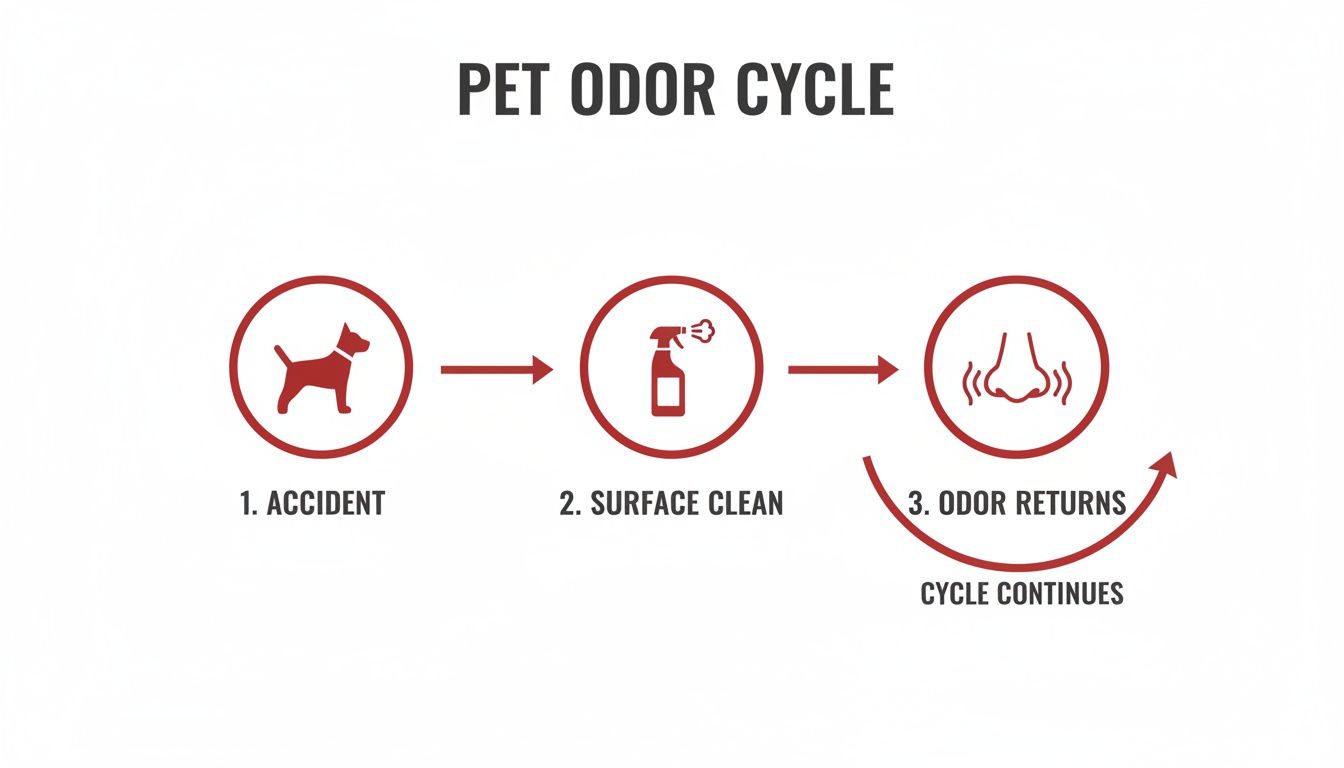 An infographic illustrating the pet odor cycle: accident, surface clean, and odor returns, showing the cycle continues.