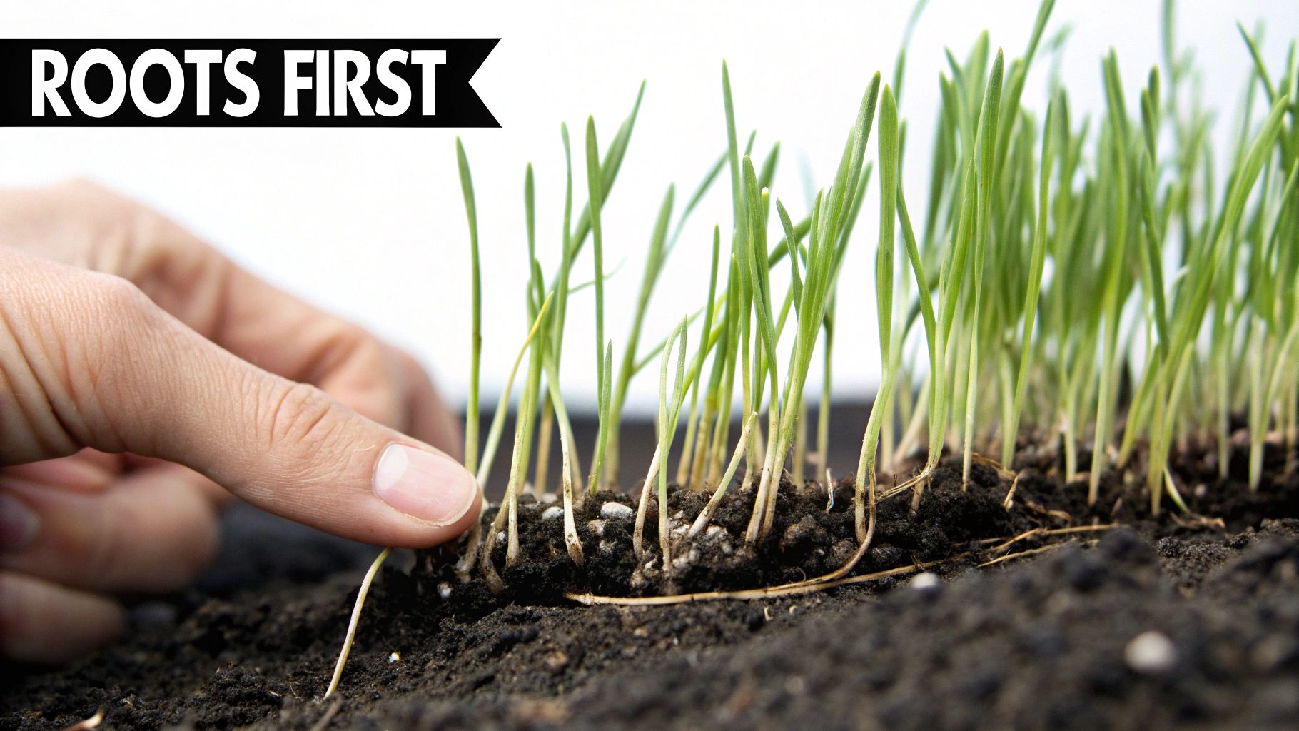 A close-up shot of new grass seedlings emerging from the soil.