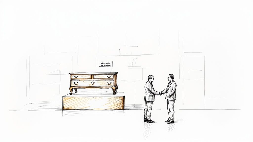 Two businessmen shaking hands in front of an antique dresser, symbolizing a furniture sale.