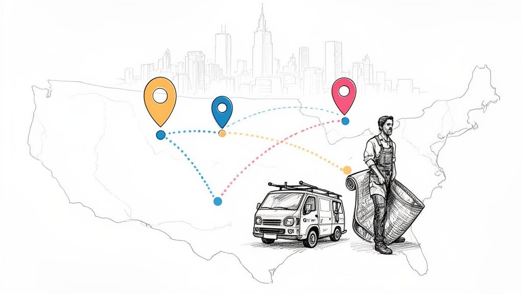 Illustration of a man carrying a rug, a delivery van, and route pins on a USA map, showing a service.