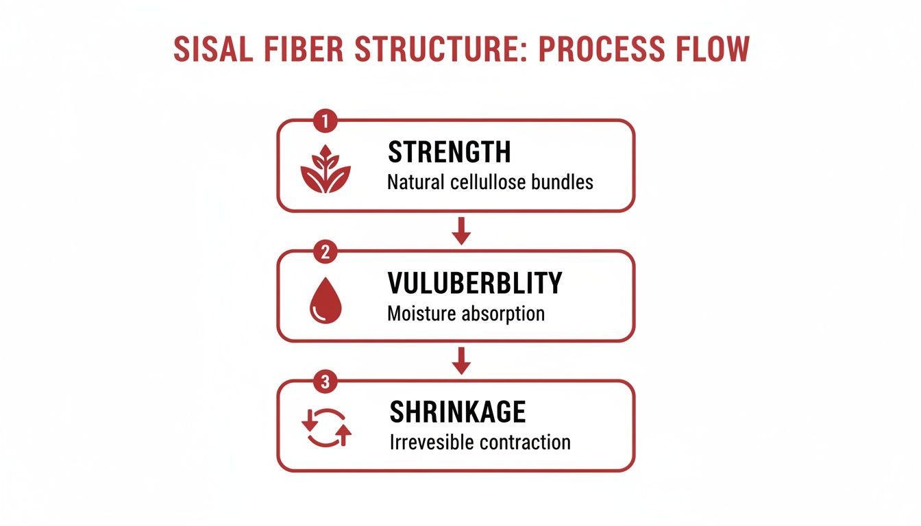 A process flow diagram illustrating sisal fiber structure, properties: strength, vuluberblity (moisture absorption), and irreversible shrinkage.