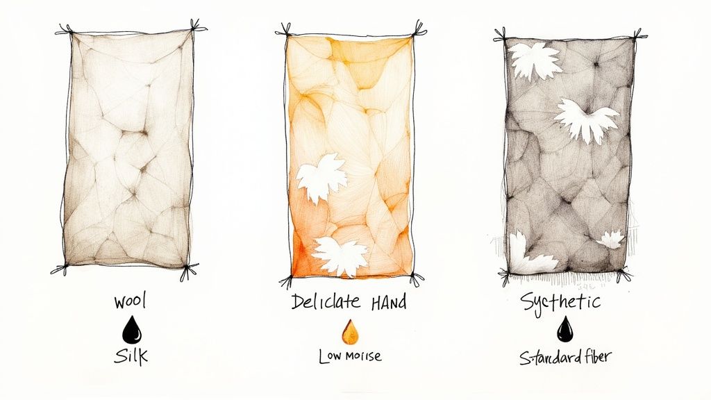 Illustration of three fabric swatches: wool/silk, delicate hand/low moisture, and synthetic/standard fiber.