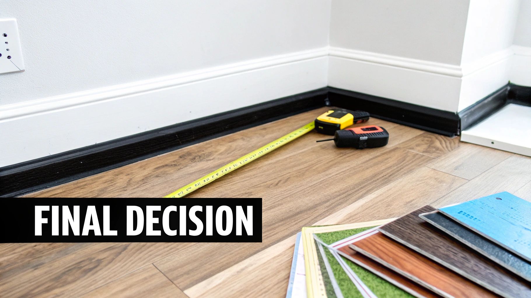 A person holding a flooring sample in a room, comparing it to the existing decor.