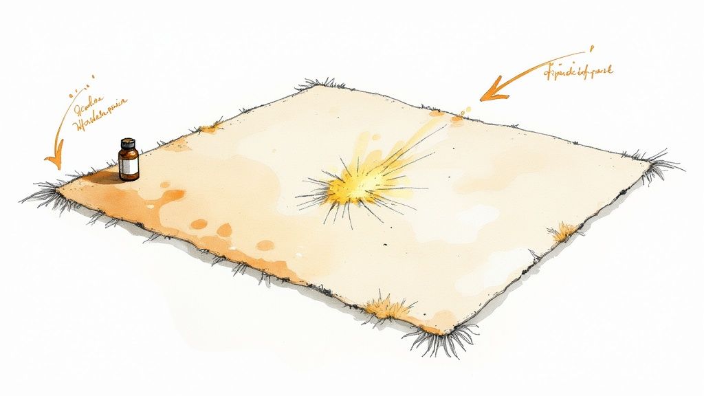 An illustration depicts hydrogen peroxide being applied from a small bottle onto a stained carpet.