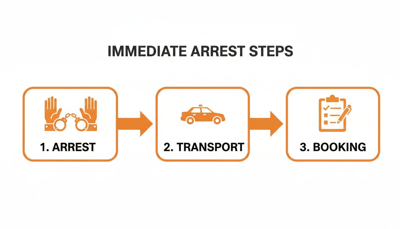 A flowchart showing the three sequential steps of an immediate arrest: arrest, transport, and booking.