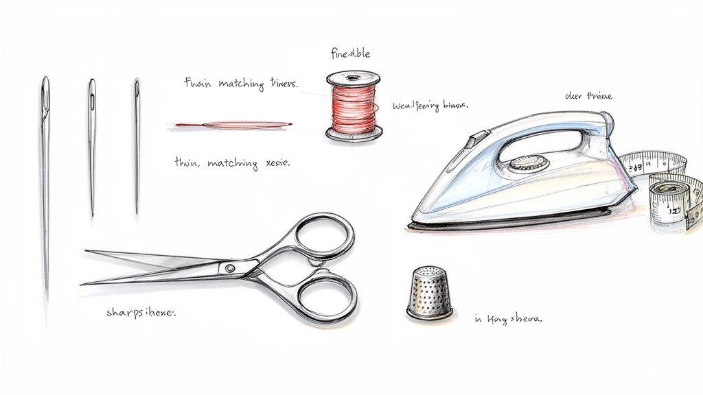 A detailed sketch showing various essential sewing tools like needles, thread, scissors, an iron, and a thimble.