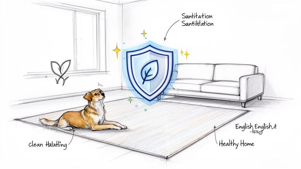 Sketch of a dog on a rug in a clean, healthy home with a sanitation shield icon.