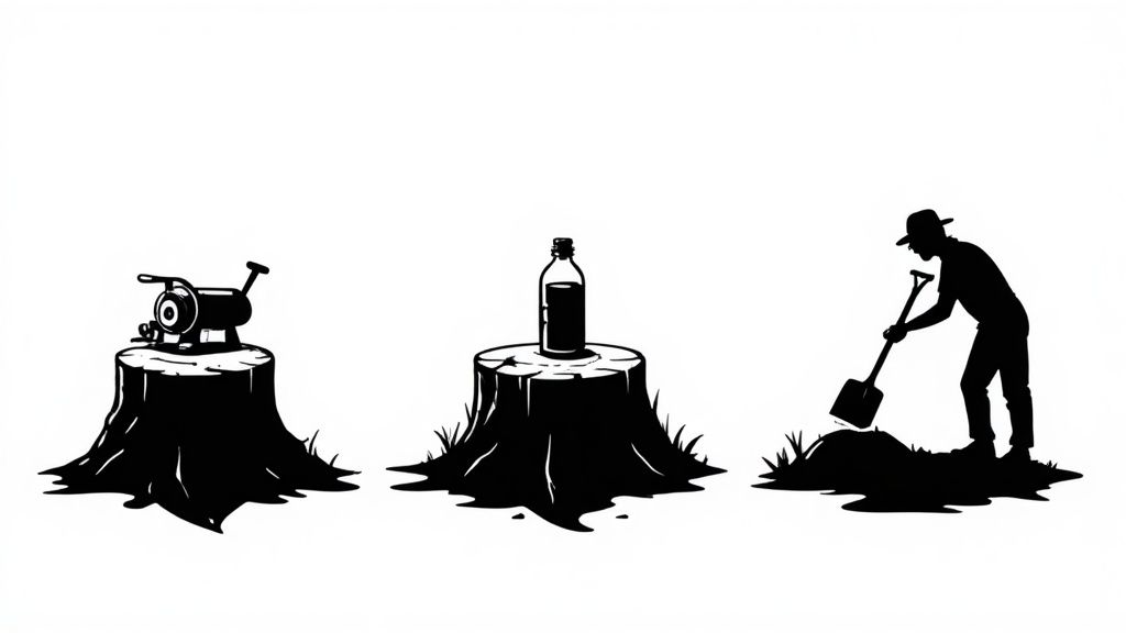An assortment of tools used for tree stump removal, including a stump grinder, shovel, and chemical treatment bottles, laid out on a lawn.
