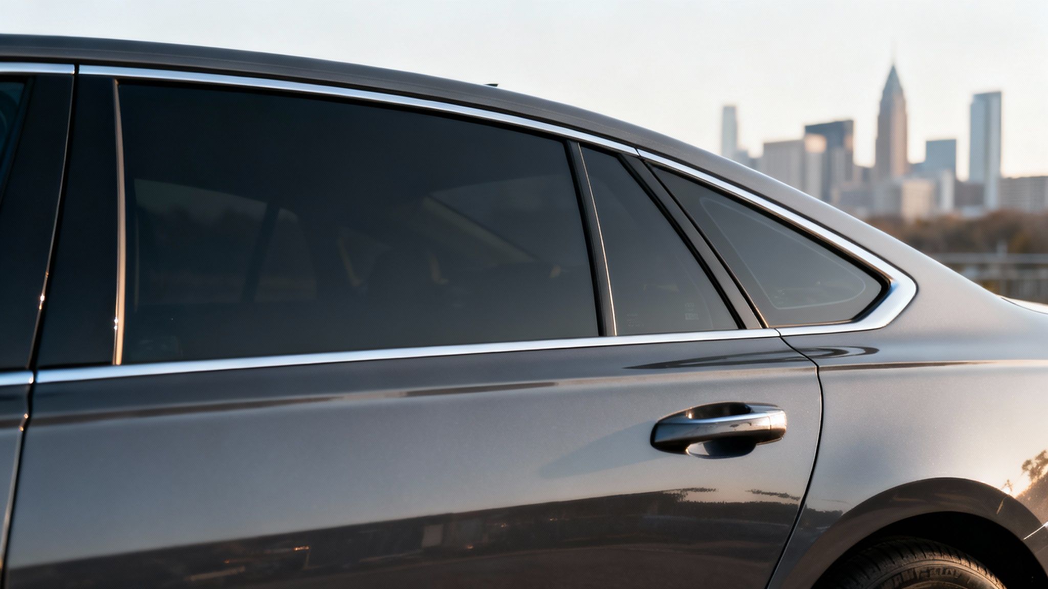 Side view of a modern grey car with darkly tinted windows against a blurry city skyline.