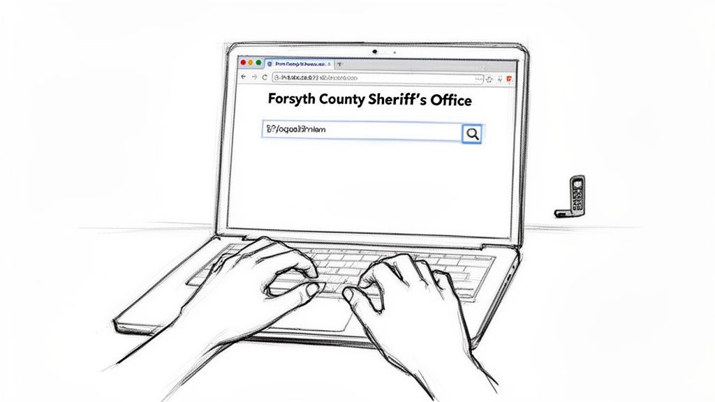 Hands typing on a laptop, searching 'Forsyth County Sheriff's Office' in a web browser, with a flip phone nearby.