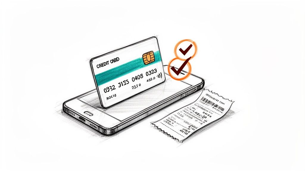 Sketch drawing of a credit card on a smartphone with checkmarks and a receipt, symbolizing online payment.
