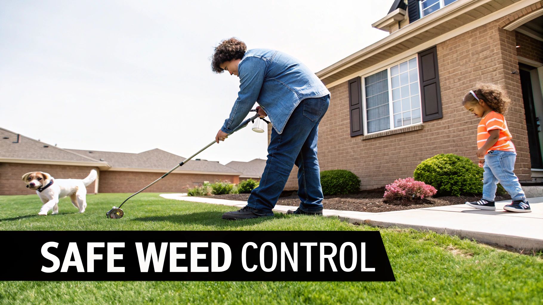 Person hand-pulling a large weed from a lawn.