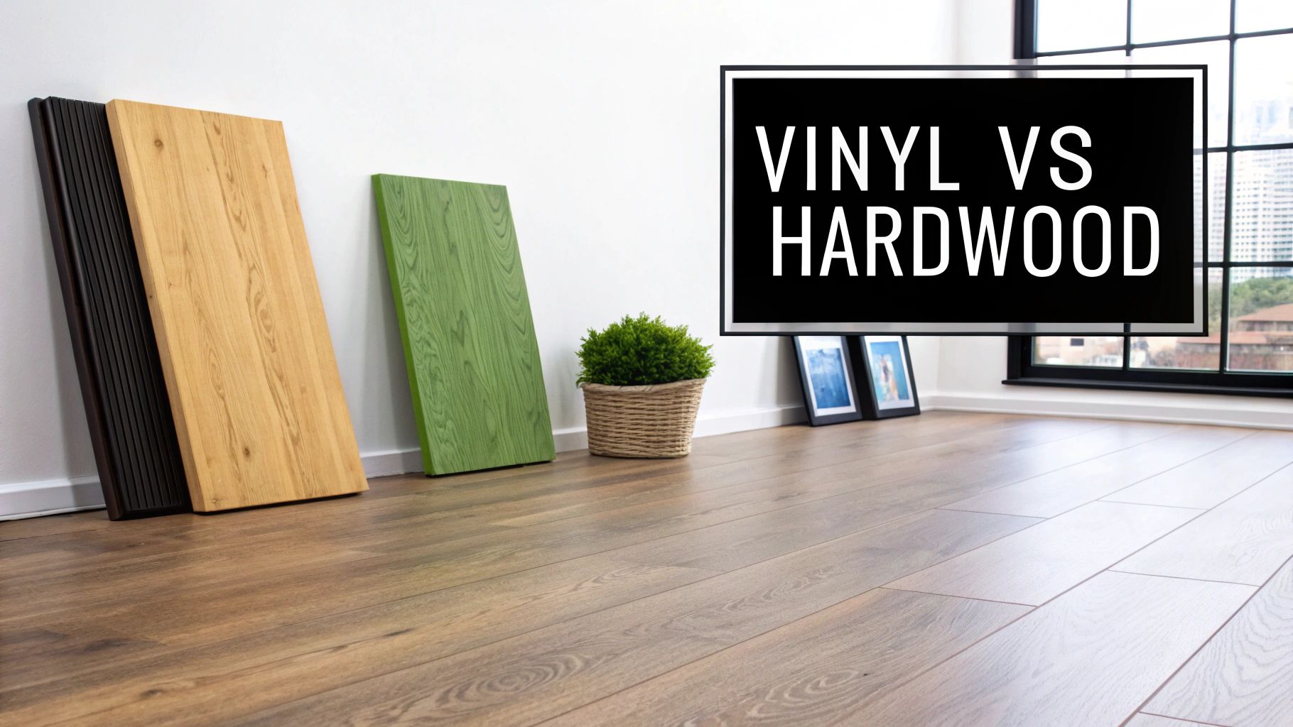 Various flooring samples and installed hardwood floor in a room comparing vinyl vs hardwood options.