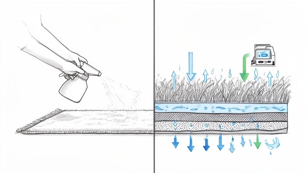 Diagram showing hands spraying a rug and water flowing through permeable layers of grass and soil.