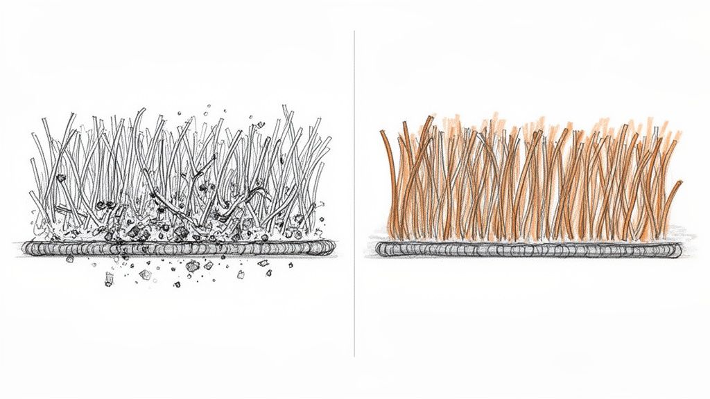 Illustration showing a dirty carpet with debris contrasted with a clean, vibrant carpet.