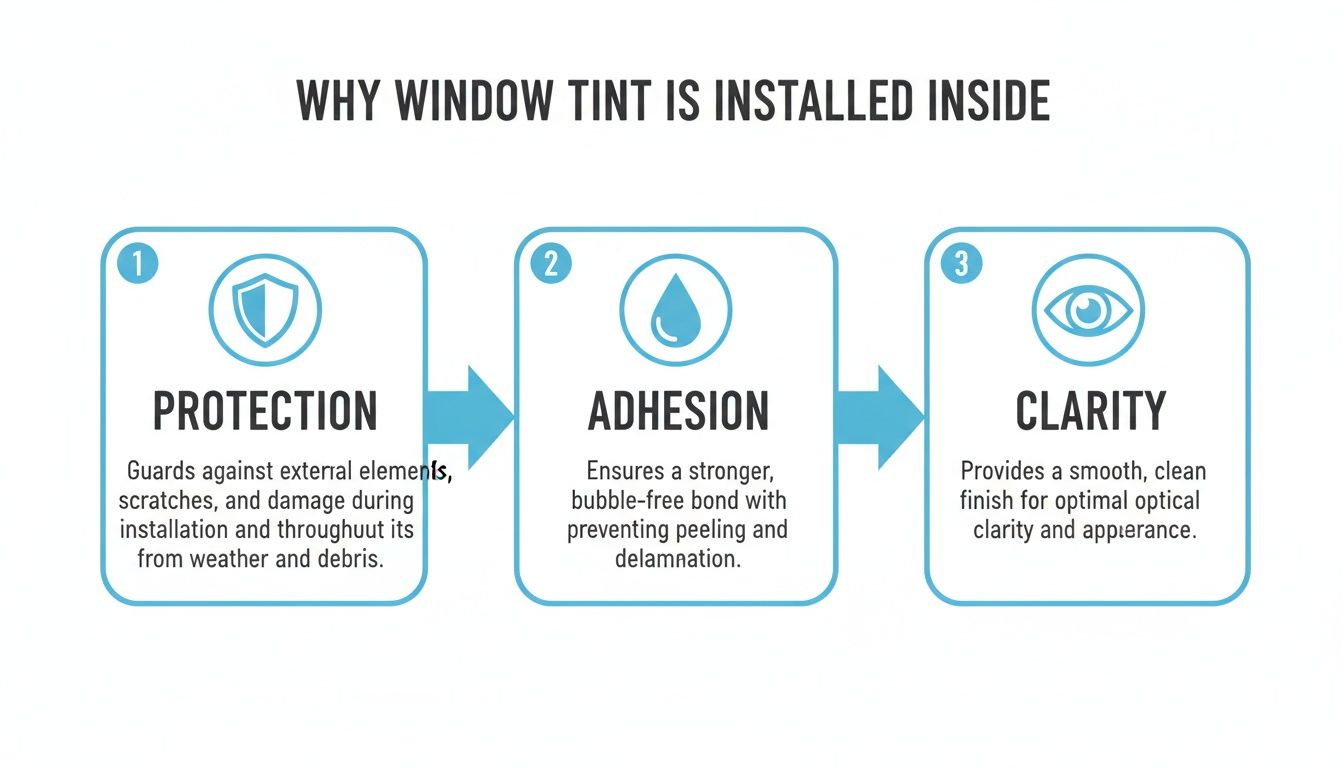 An infographic explaining why window tint is installed inside, detailing benefits like protection, adhesion, and clarity.