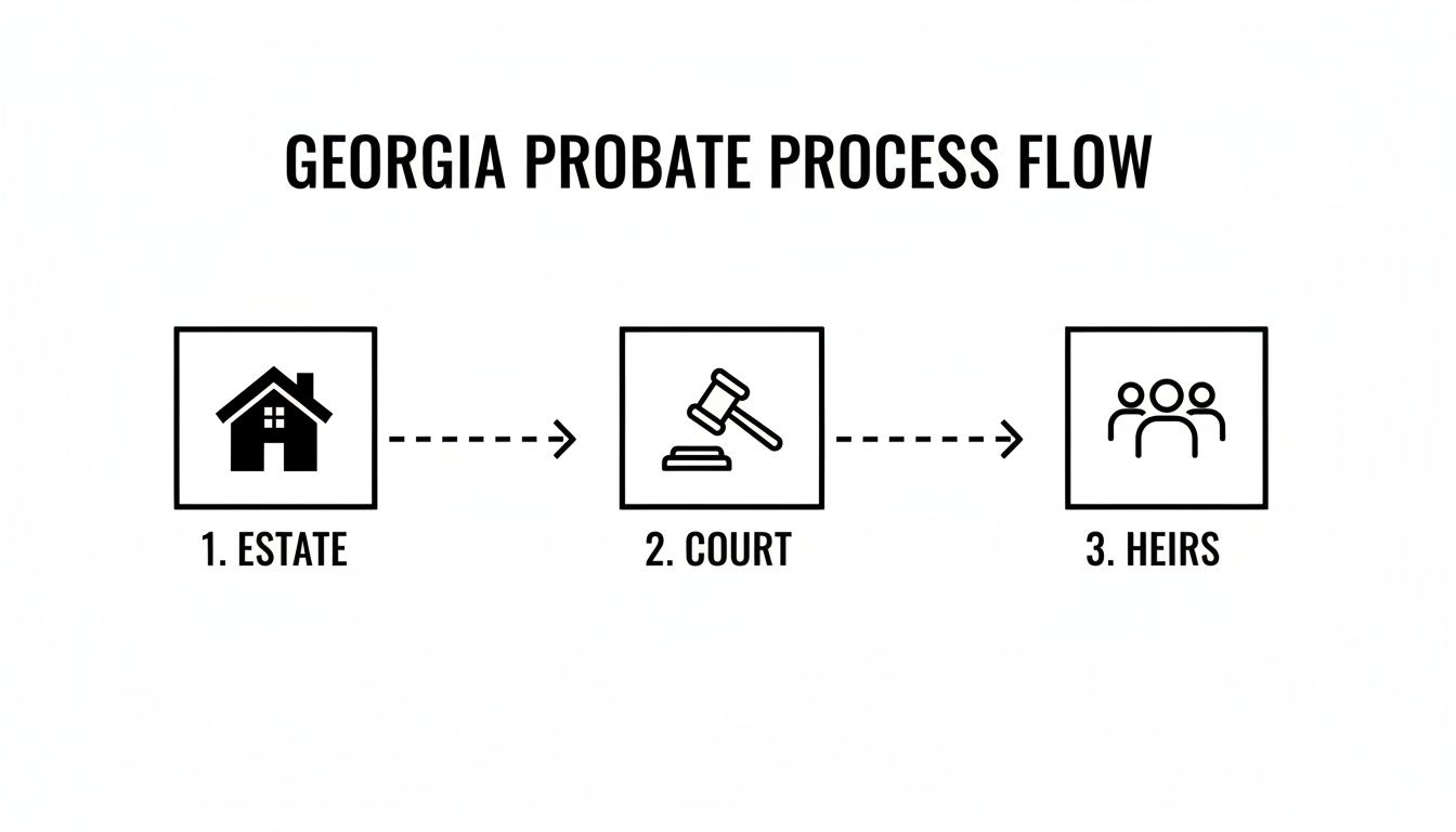 Flowchart illustrating the Georgia probate process: Estate, Court, and Heirs, connected by dashed arrows.