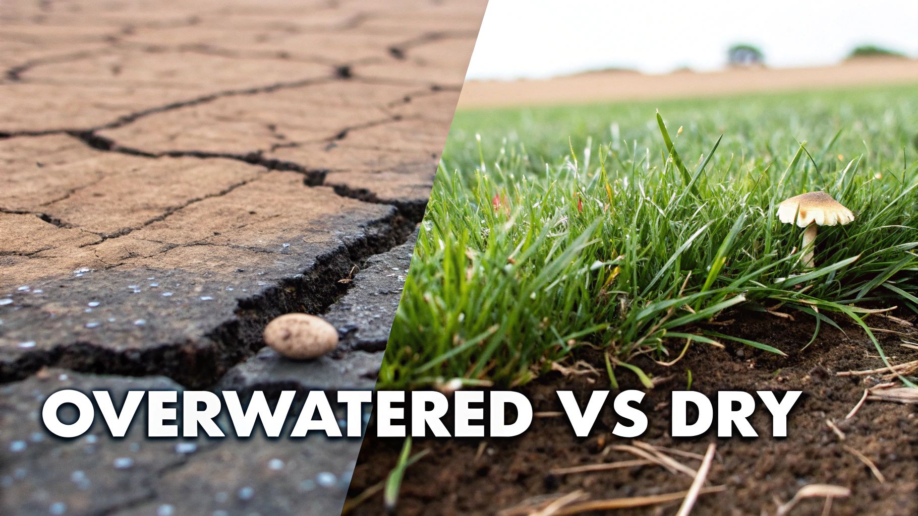 Dry, cracked earth contrasted with healthy, green grass and a mushroom, illustrating watering extremes.