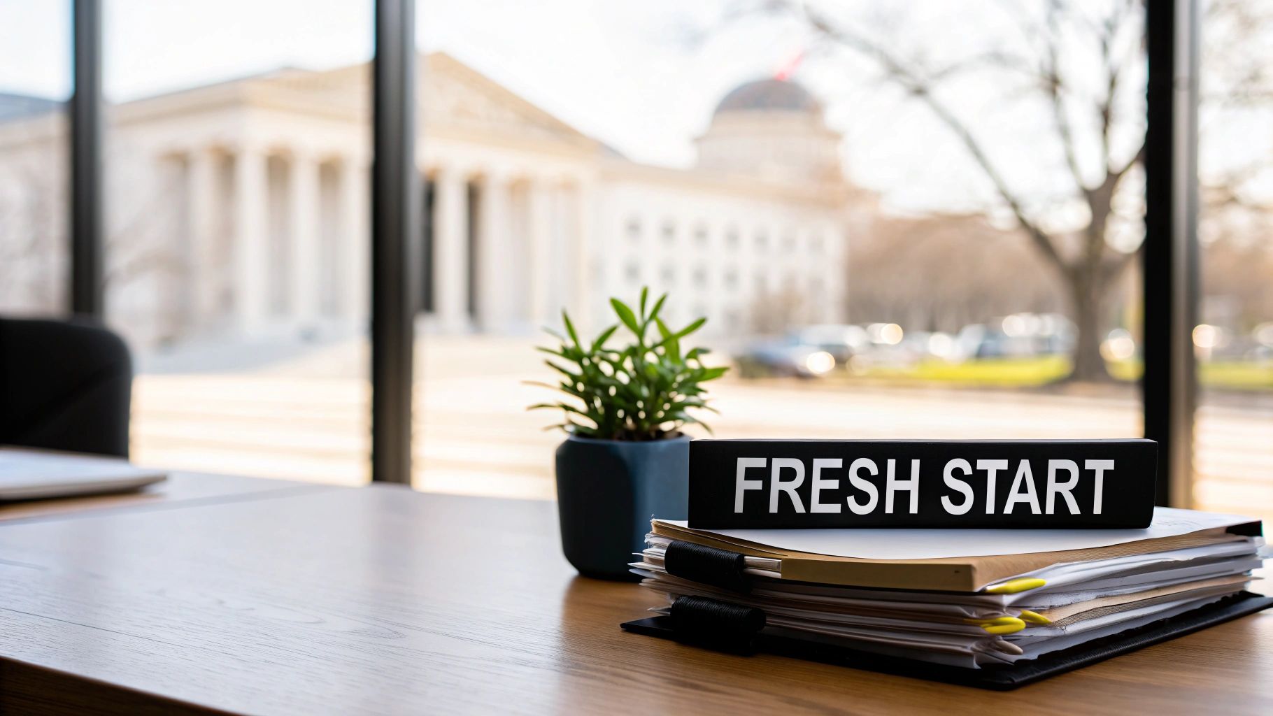 Desk with a "FRESH START" sign, papers, and plant, overlooking a blurred courthouse.