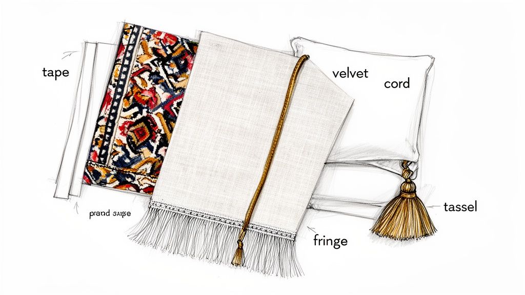 A detailed sketch illustrating various textile trims and accessories, including tape, patterned fabric, velvet, cord, fringe, and decorative tassels.