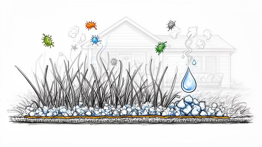 A detailed illustration of artificial turf with microbes, a layered base, and a water droplet with steam.