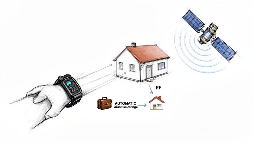 Diagram showing a person wearing a monitor, communicating with a house and a satellite for tracking.